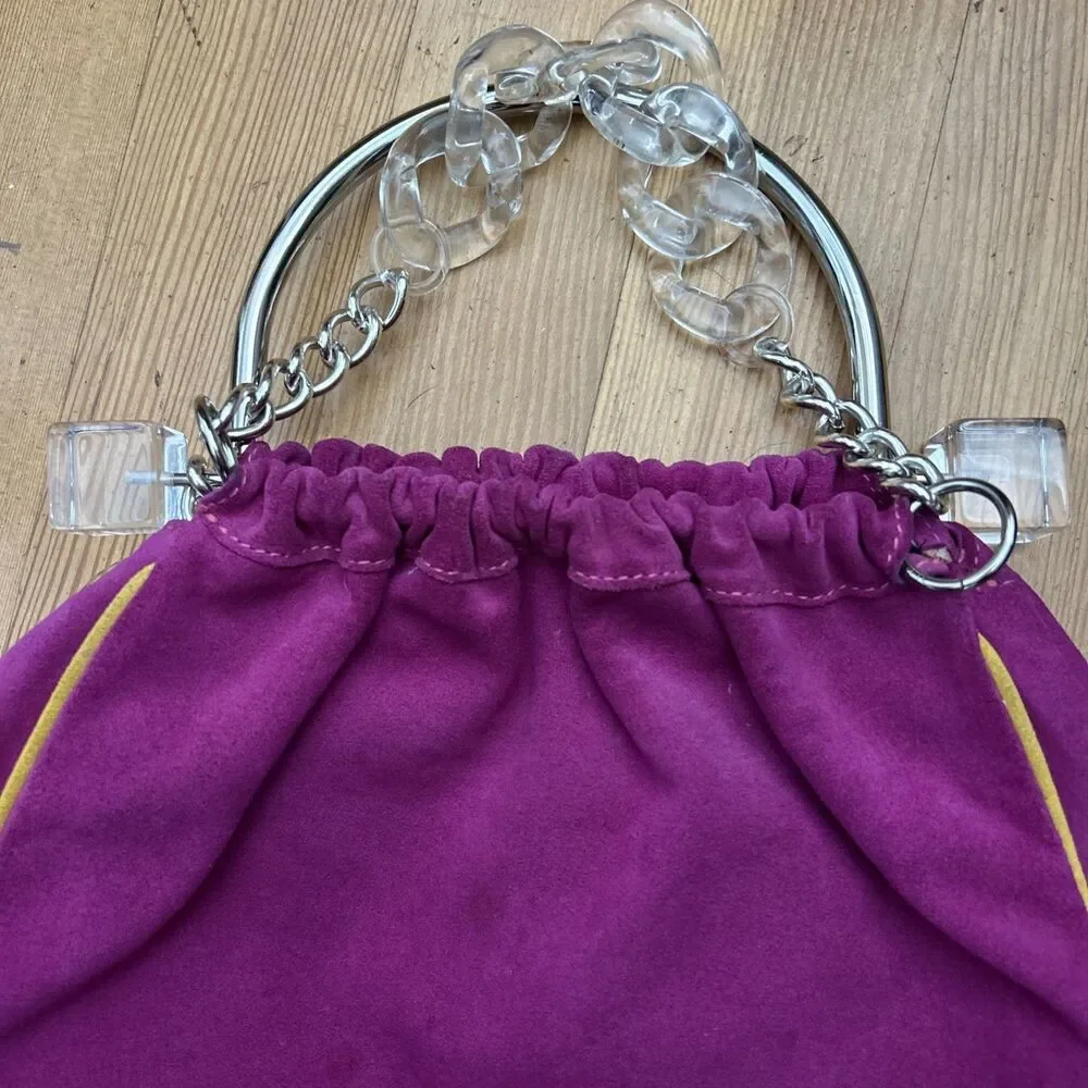 Isabella Lorusso Pink Suede Bag w/yellow Piping Transparent Chain & Cube Accents